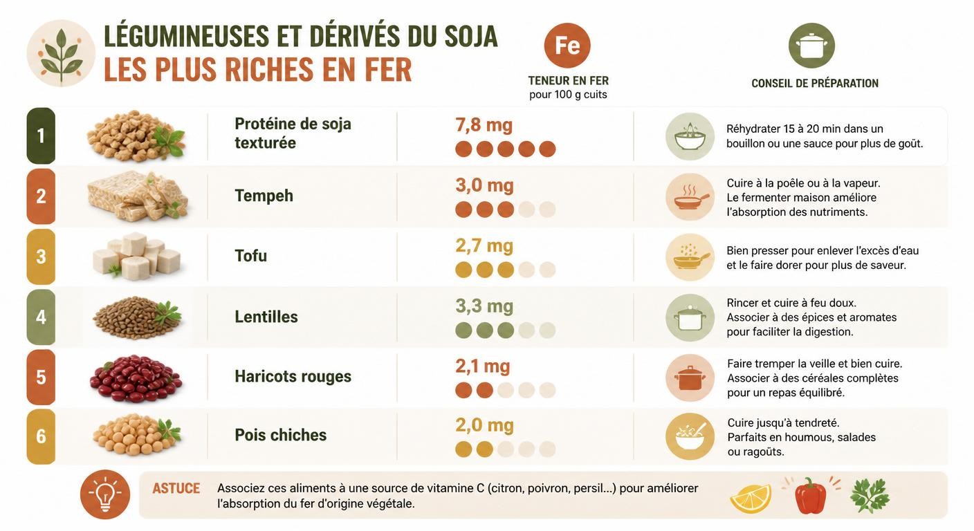 Infographie des meilleures légumineuses et dérivés du soja comme sources de fer non héminique