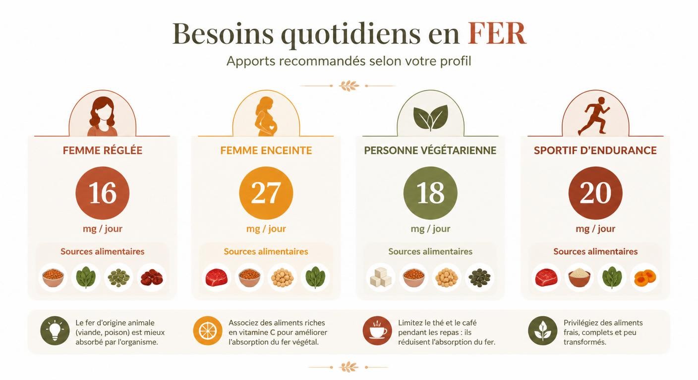 Infographie des besoins quotidiens en fer selon le profil : femme réglée, enceinte, végétarienne, sportif