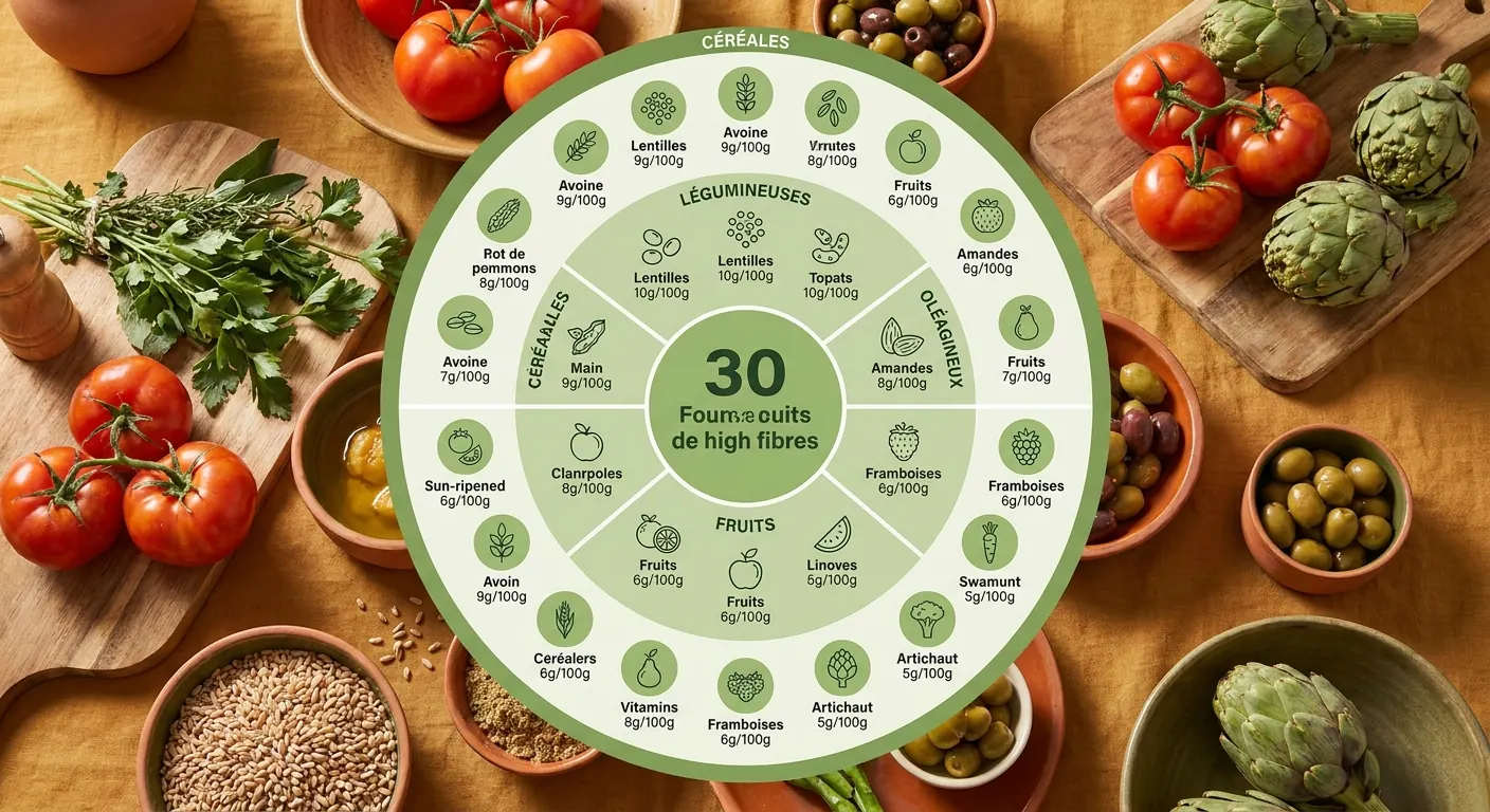 Infographie classant 30 aliments riches en fibres par famille avec teneur pour 100 grammes
