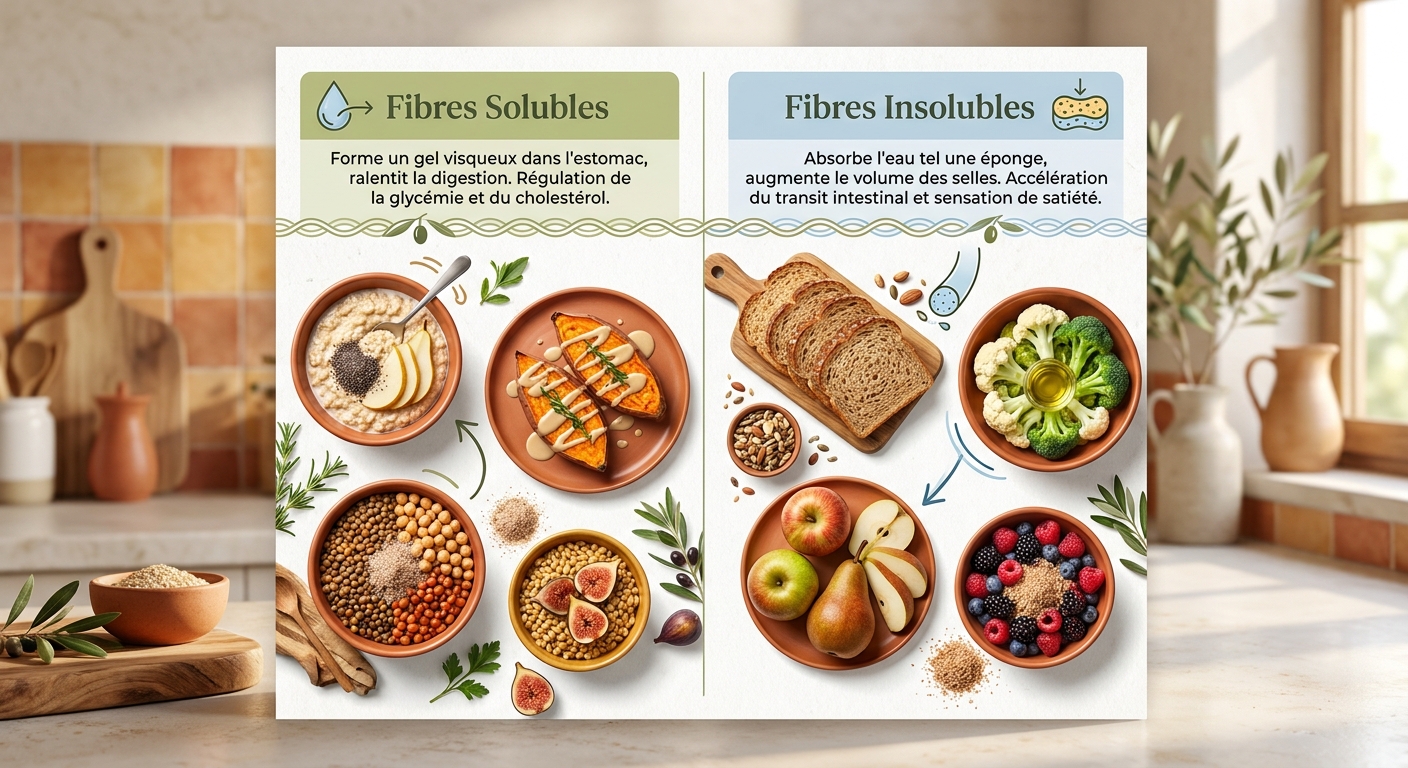 Infographie comparant fibres solubles et insolubles avec leurs aliments sources
