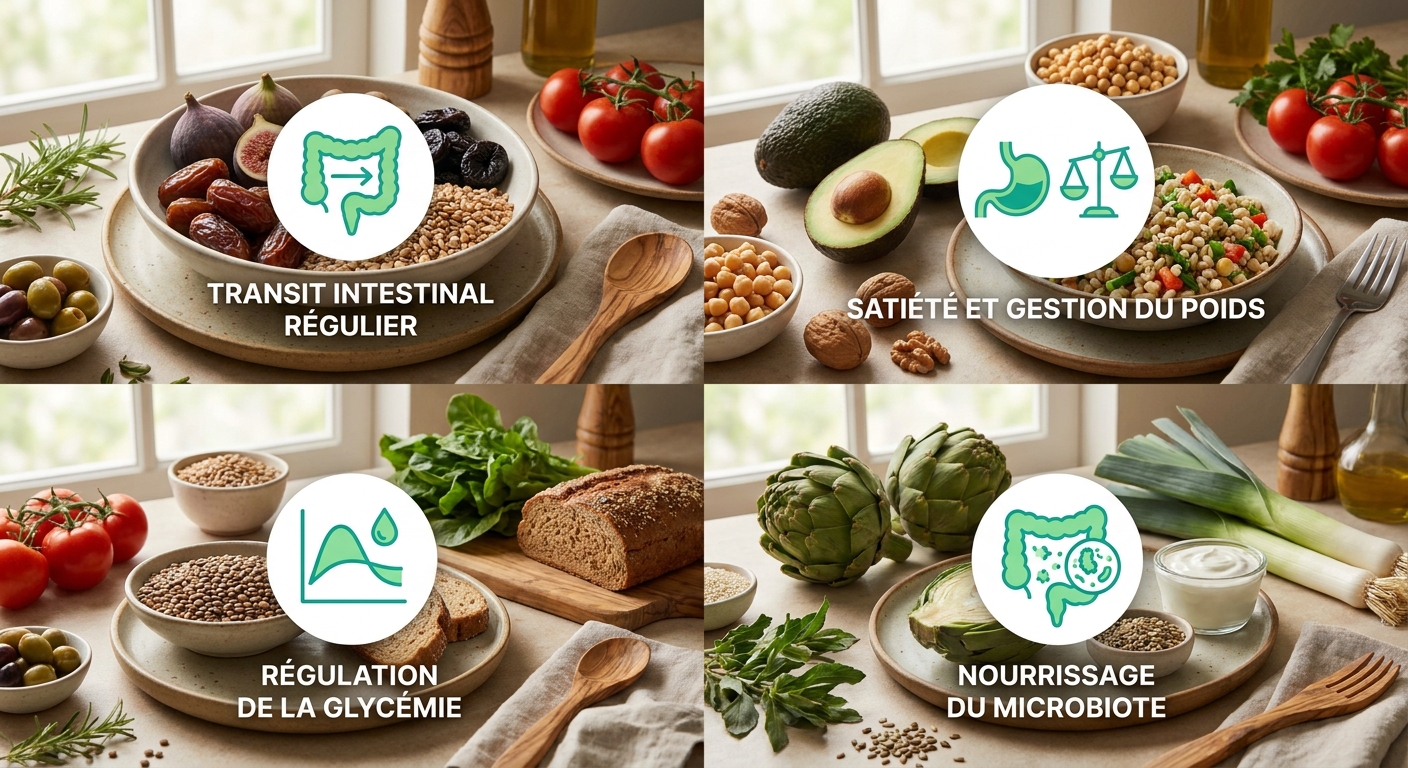 Infographie illustrant les quatre principaux bénéfices des fibres alimentaires sur la santé