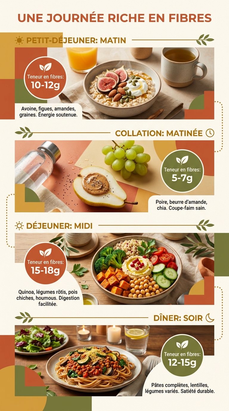 Infographie d'une journée alimentaire complète atteignant 30 grammes de fibres