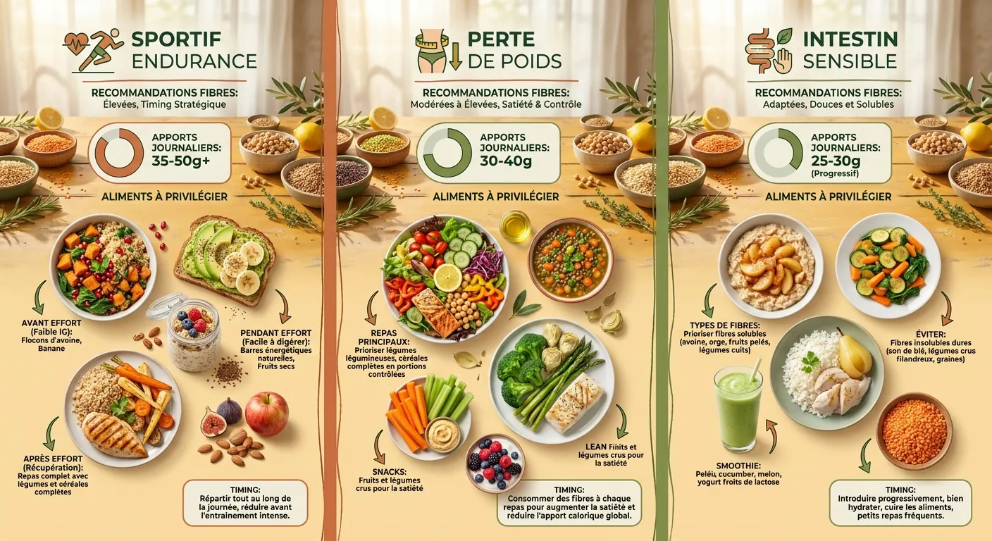 Infographie présentant les recommandations en fibres adaptées à trois profils nutritionnels