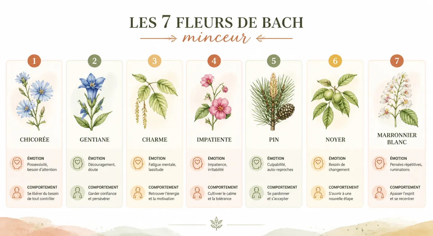 Cartographie visuelle des 7 fleurs de Bach utilisées pour la perte de poids
