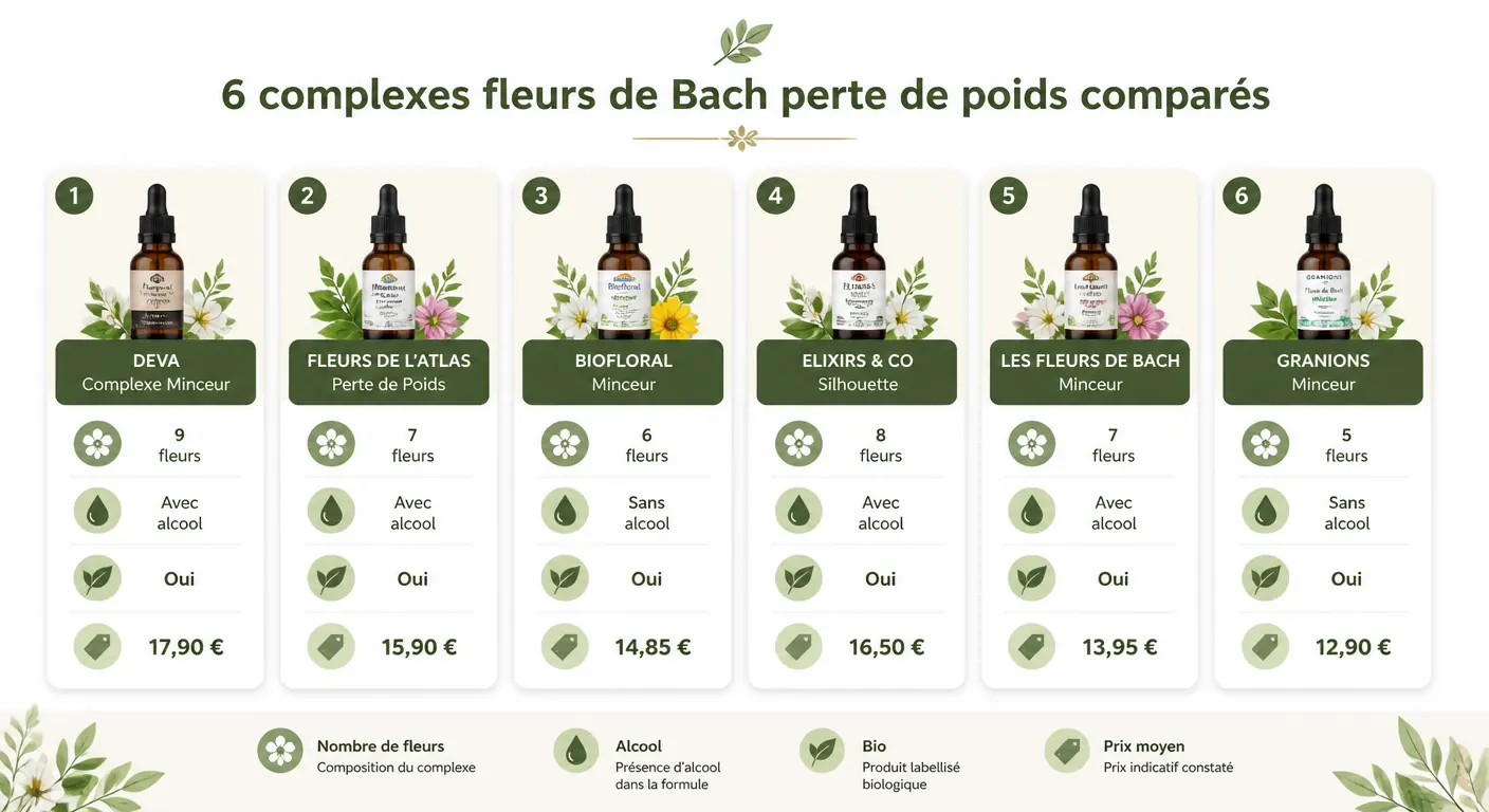 Comparatif visuel des 6 complexes fleurs de Bach pour la perte de poids