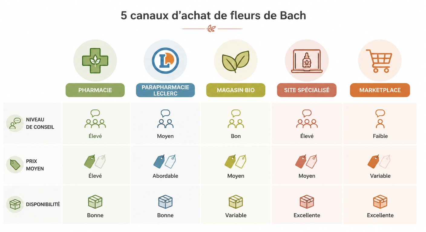 Infographie des canaux d'achat des fleurs de Bach pour perte de poids