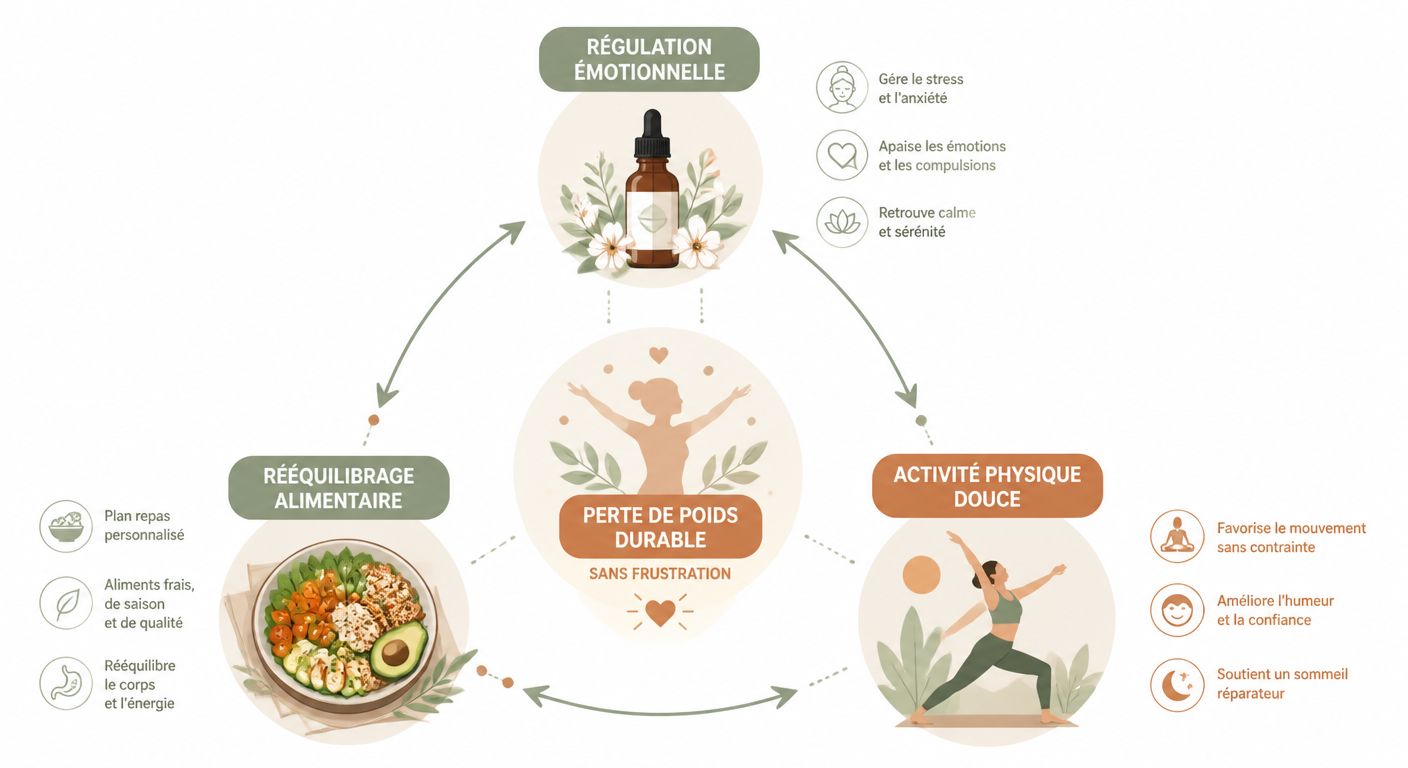 Triangle vertueux pour une perte de poids durable associant fleurs de Bach et coaching nutritionnel
