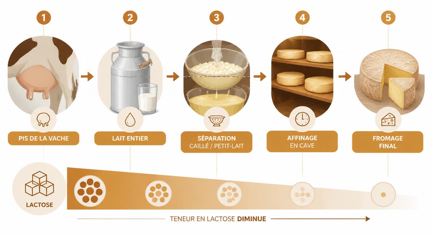 Schéma du parcours du lactose dans la fabrication du fromage