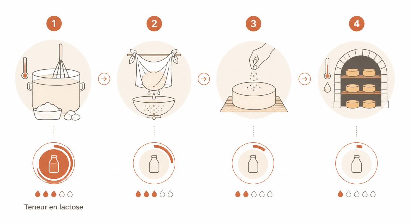 Schéma des quatre étapes de fabrication qui éliminent le lactose