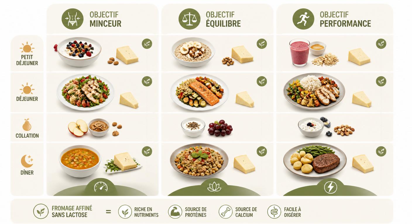 Trois journées alimentaires intégrant le fromage sans lactose selon l'objectif