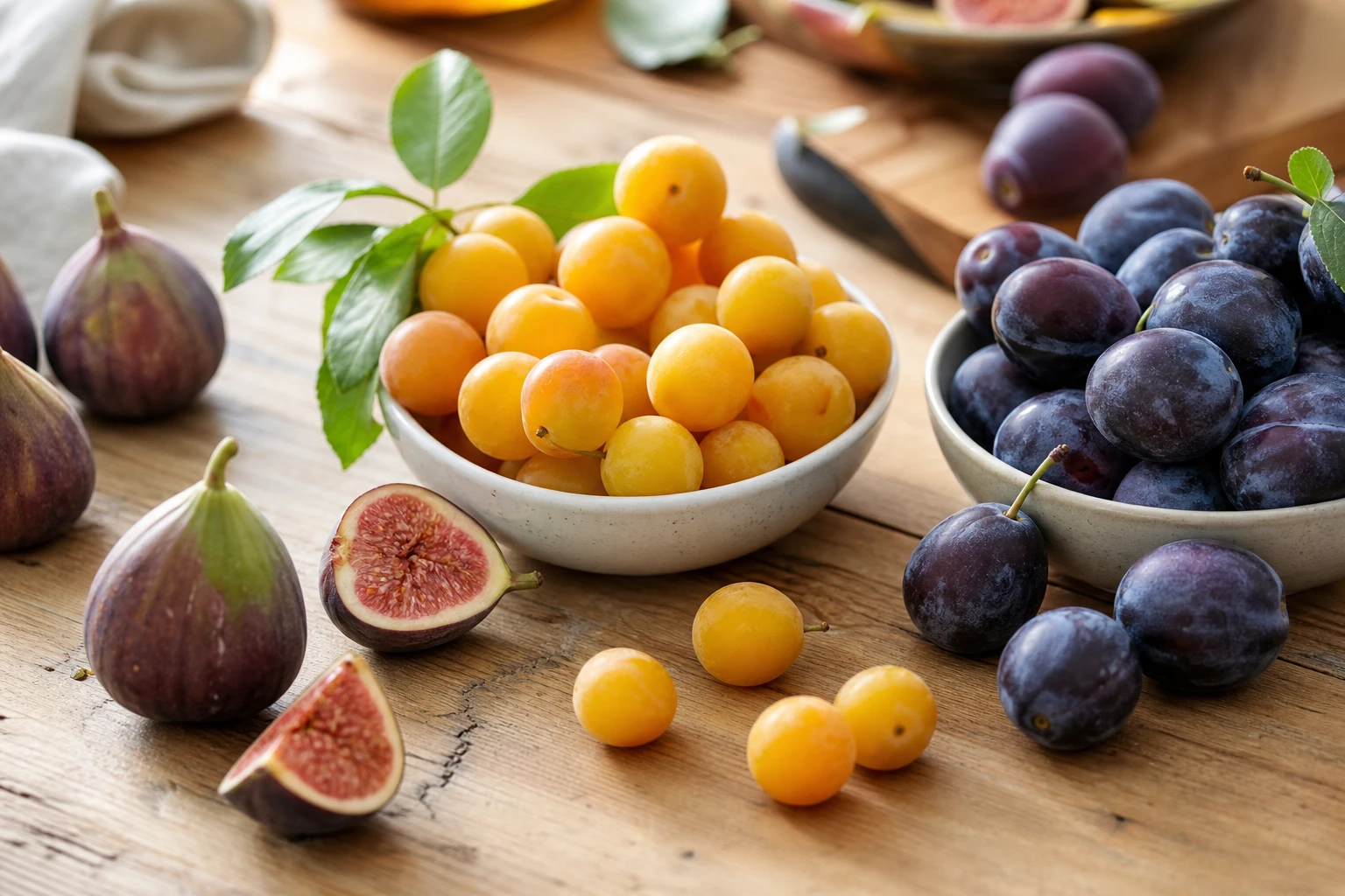 Mirabelles, quetsches et figues fraîches disposées sur une table en bois, fruits de saison du mois d'août