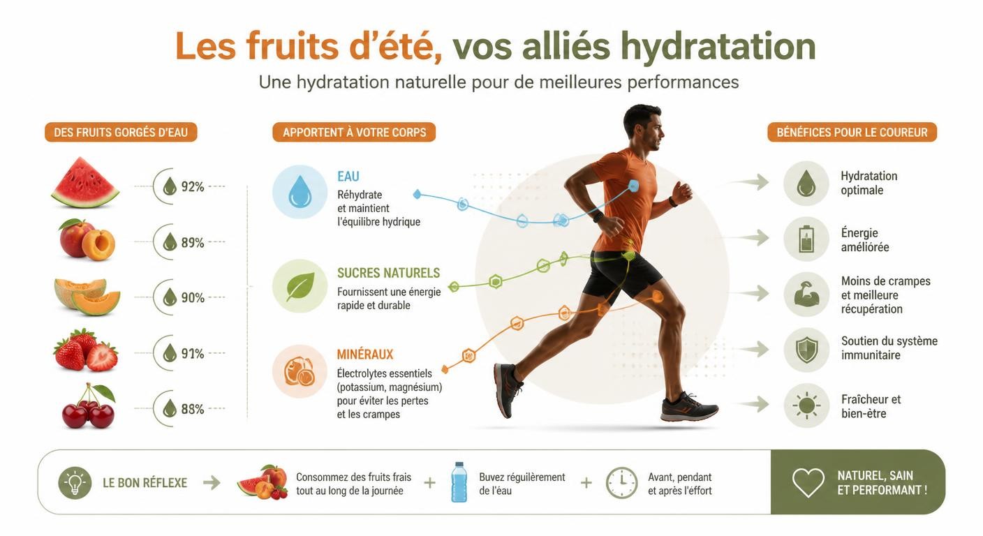 Infographie expliquant l'apport en eau et minéraux des fruits d'été pour le sportif