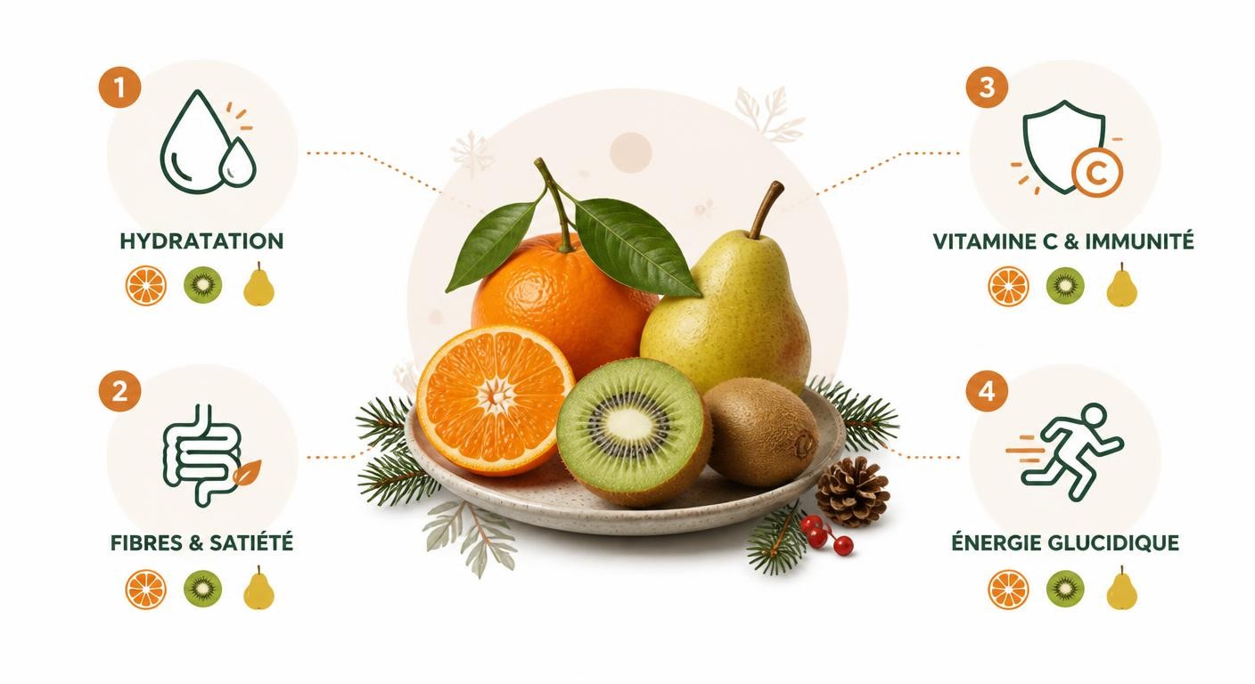 Infographie des quatre bénéfices des fruits d'hiver pour les sportifs