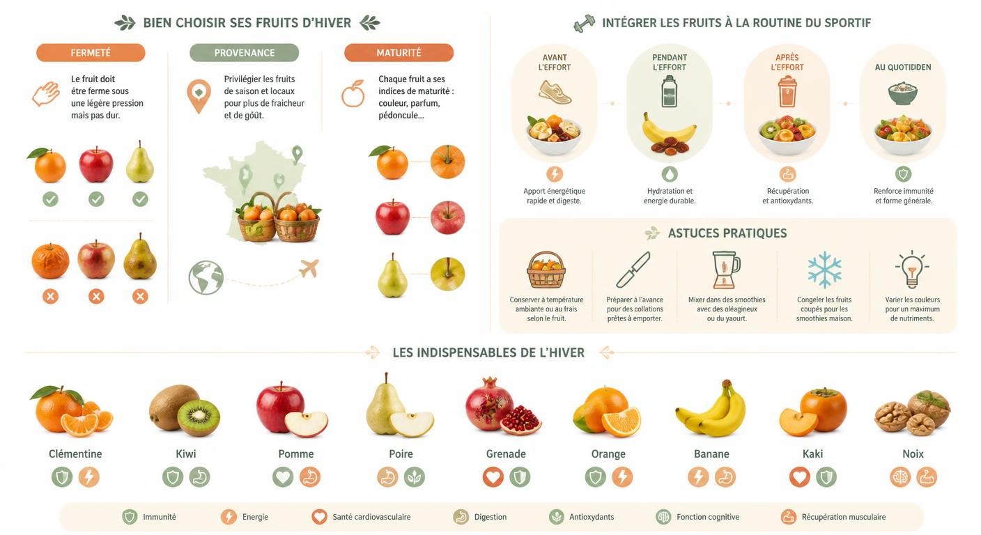 Infographie pour choisir et intégrer les fruits d'hiver dans son alimentation sportive