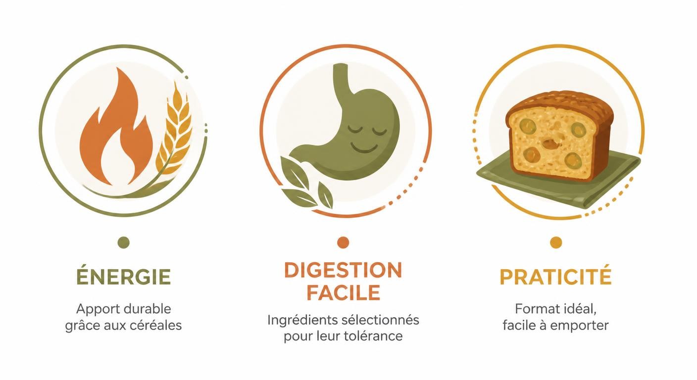 Infographie présentant les trois fonctions du gâteau sport : énergie, digestion, praticité