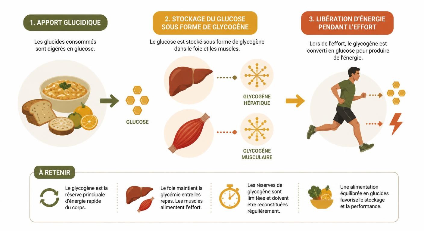 Infographie expliquant le rôle du glycogène dans la production d'énergie pour le sportif