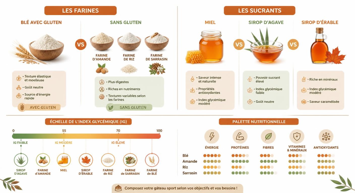Infographie comparant farines et sucrants pour le gâteau sport
