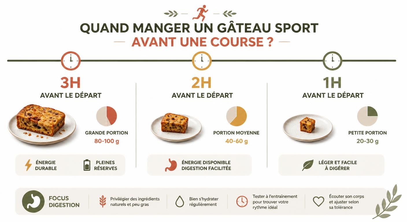 Infographie du timing de consommation du gâteau sport avant une course