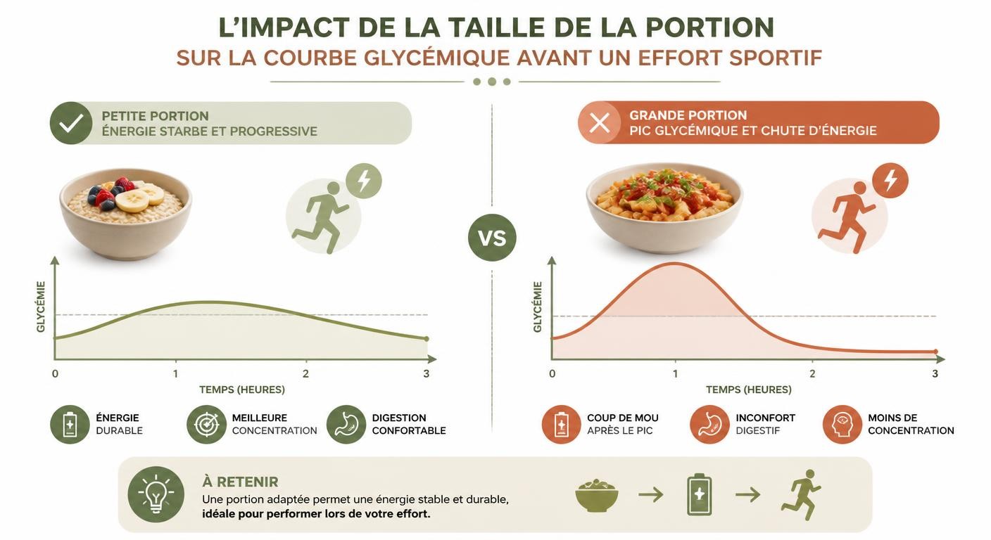 Infographie comparant l'effet de différentes portions sur la glycémie avant l'effort