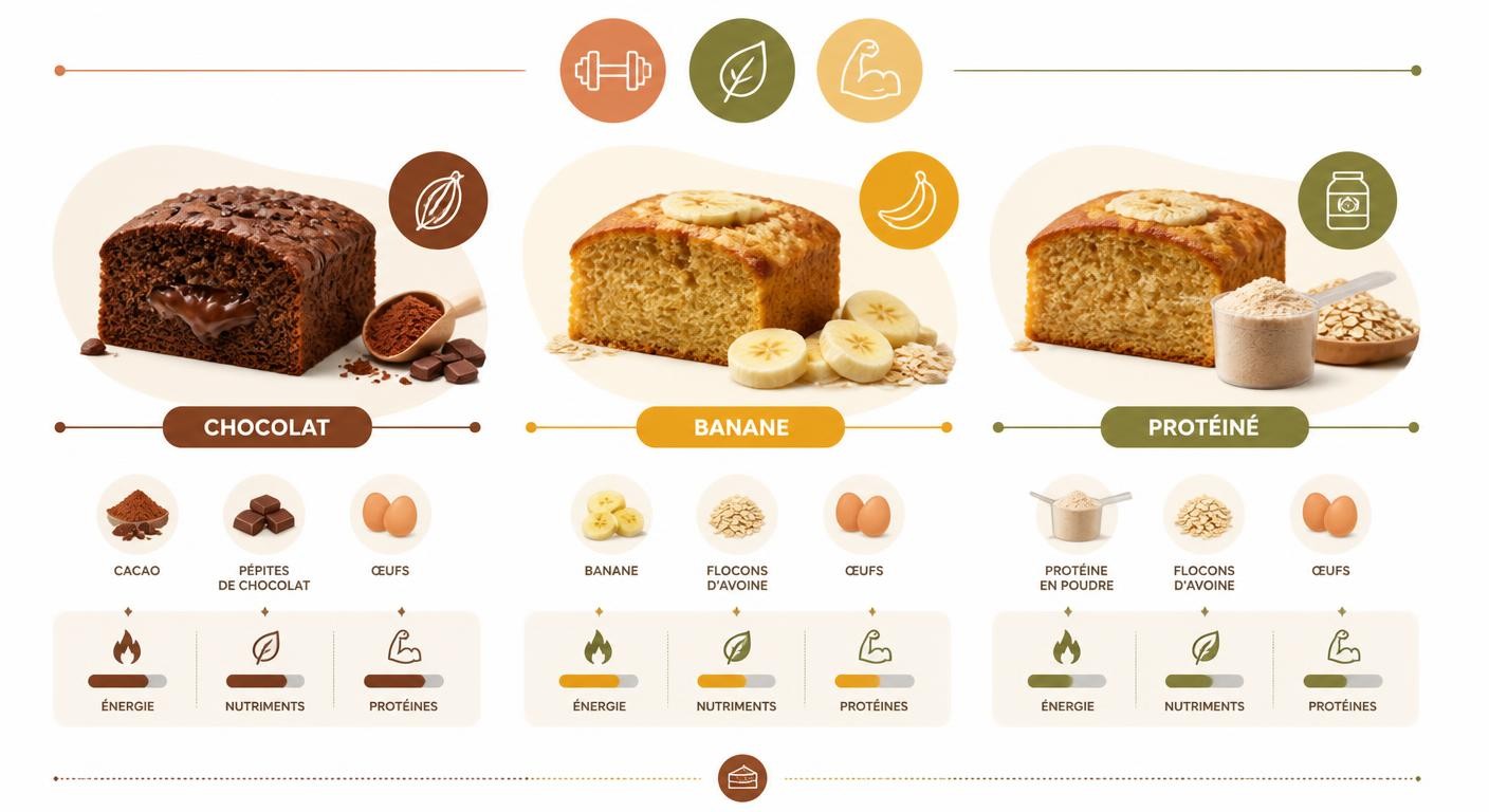 Infographie des trois variantes du gâteau sport : chocolat, banane et protéinée