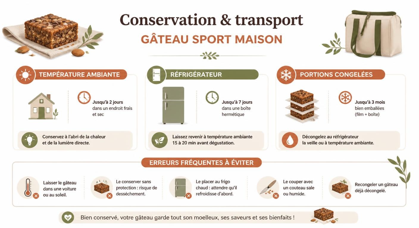 Infographie sur la conservation, le transport et les erreurs à éviter avec le gâteau sport