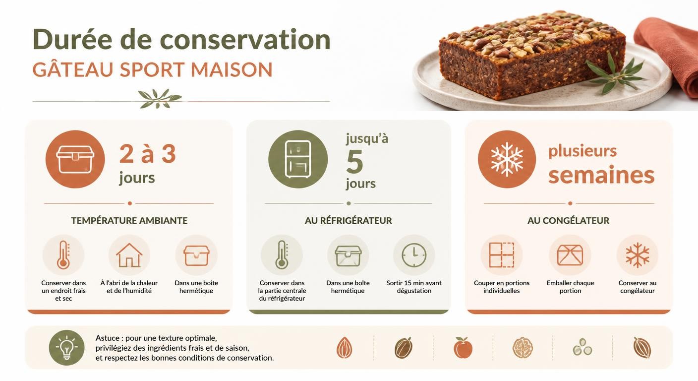 Infographie des durées de conservation du gâteau sport selon le mode de stockage