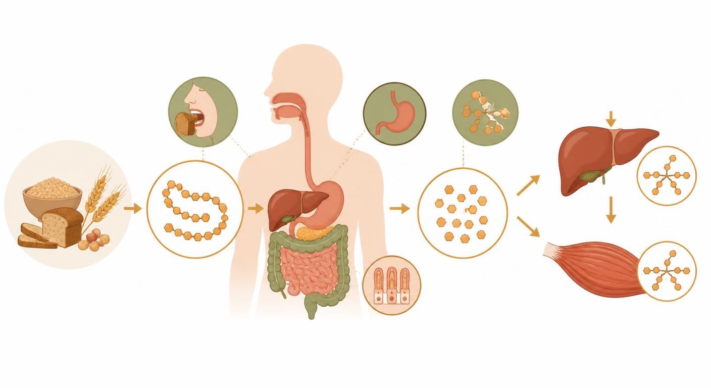 Schéma de la digestion lente d'un glucide complexe transformé en glucose puis en glycogène