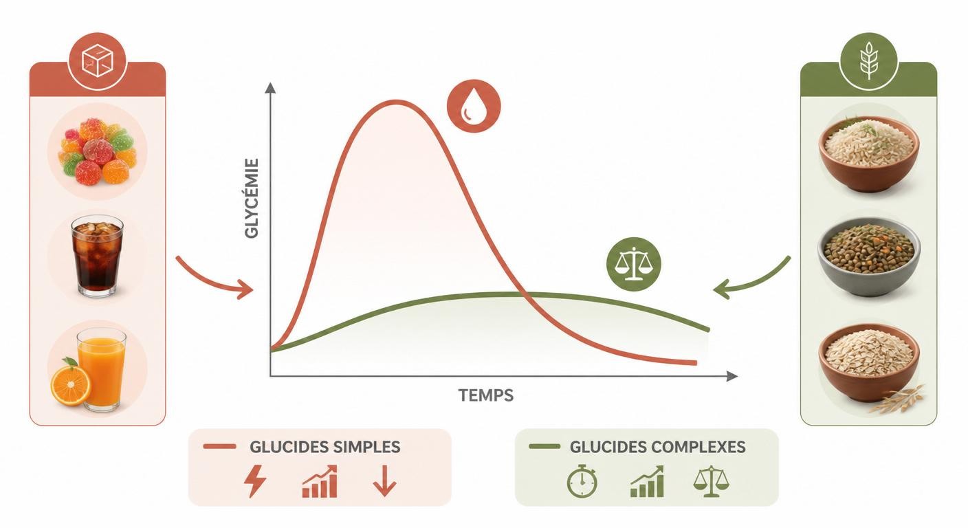 Infographie comparant la courbe de glycémie des glucides simples et complexes