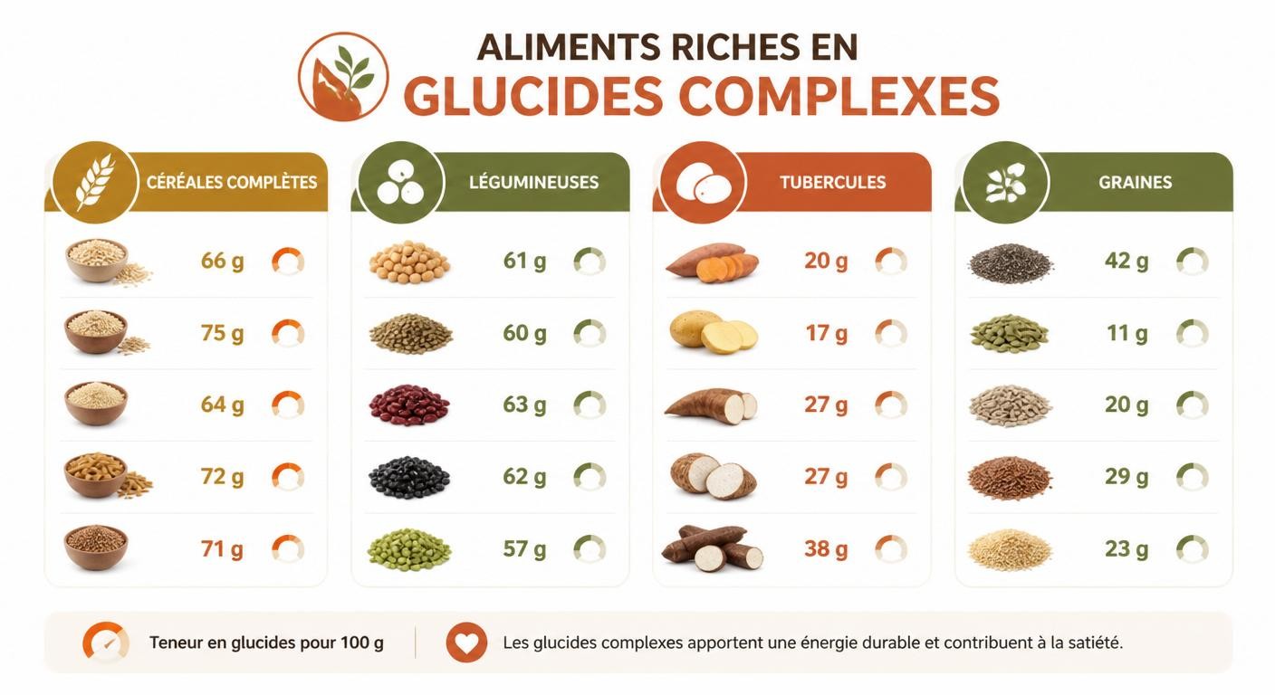 Infographie des principaux aliments riches en glucides complexes par famille