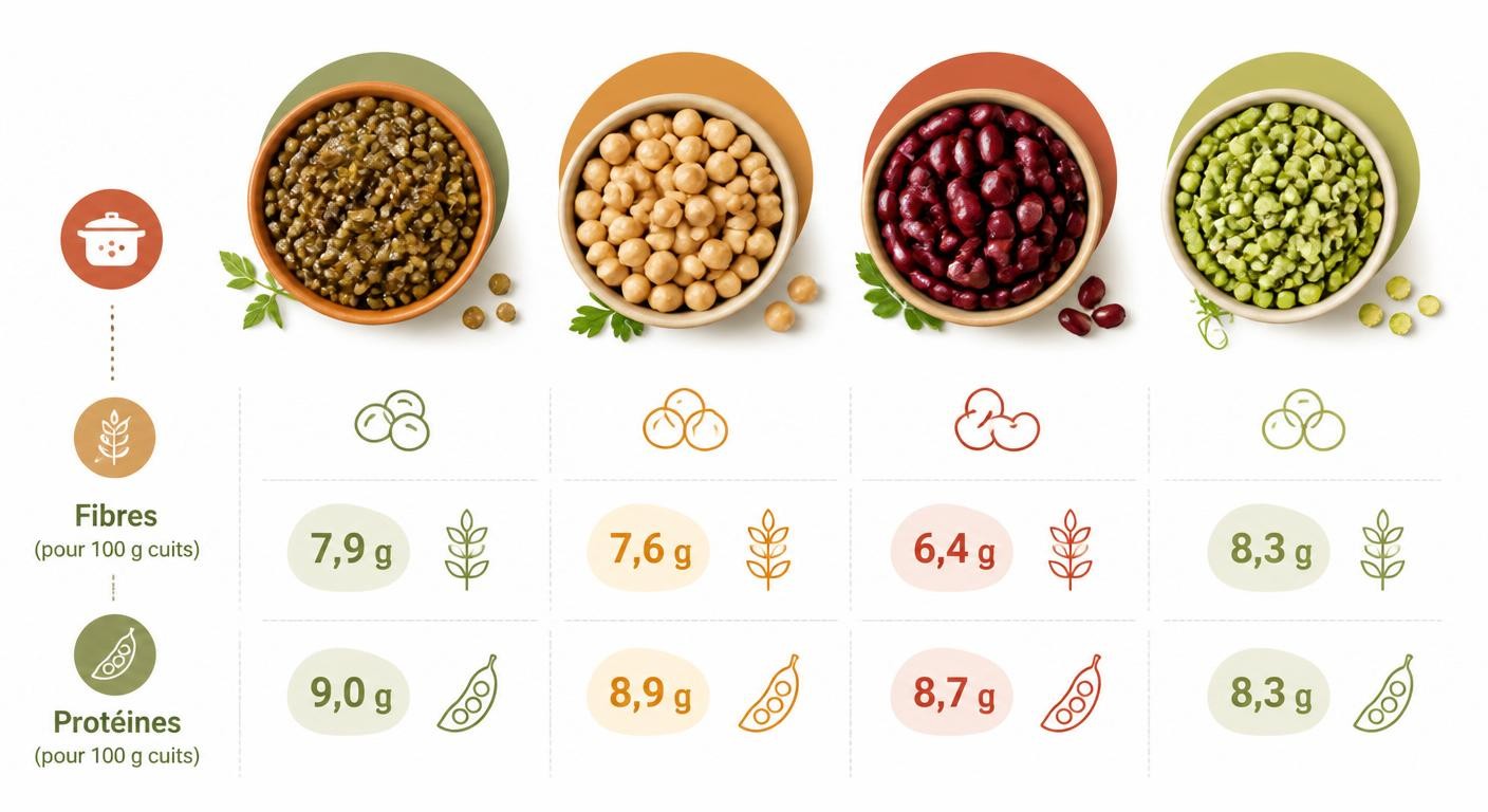 Infographie des légumineuses riches en glucides complexes, fibres et protéines végétales