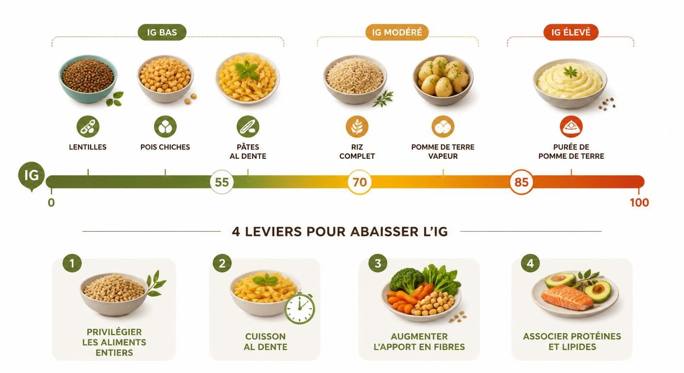 Infographie de l'échelle d'index glycémique des féculents et des leviers pour l'abaisser