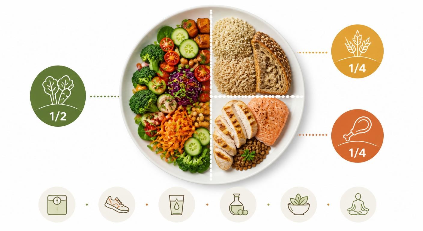 Infographie d'une assiette équilibrée intégrant des glucides complexes pour une perte de poids durable