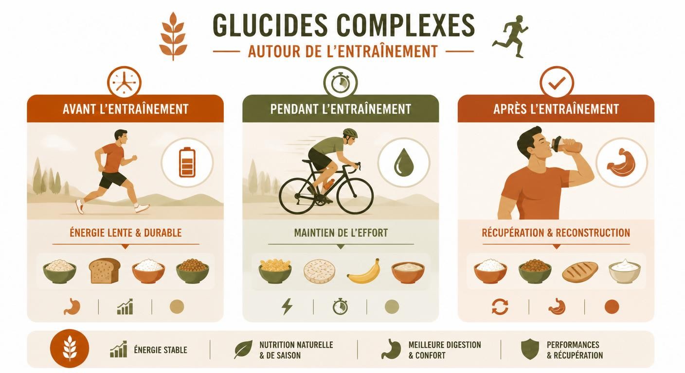 Infographie de l'usage des glucides complexes avant, pendant et après l'effort sportif