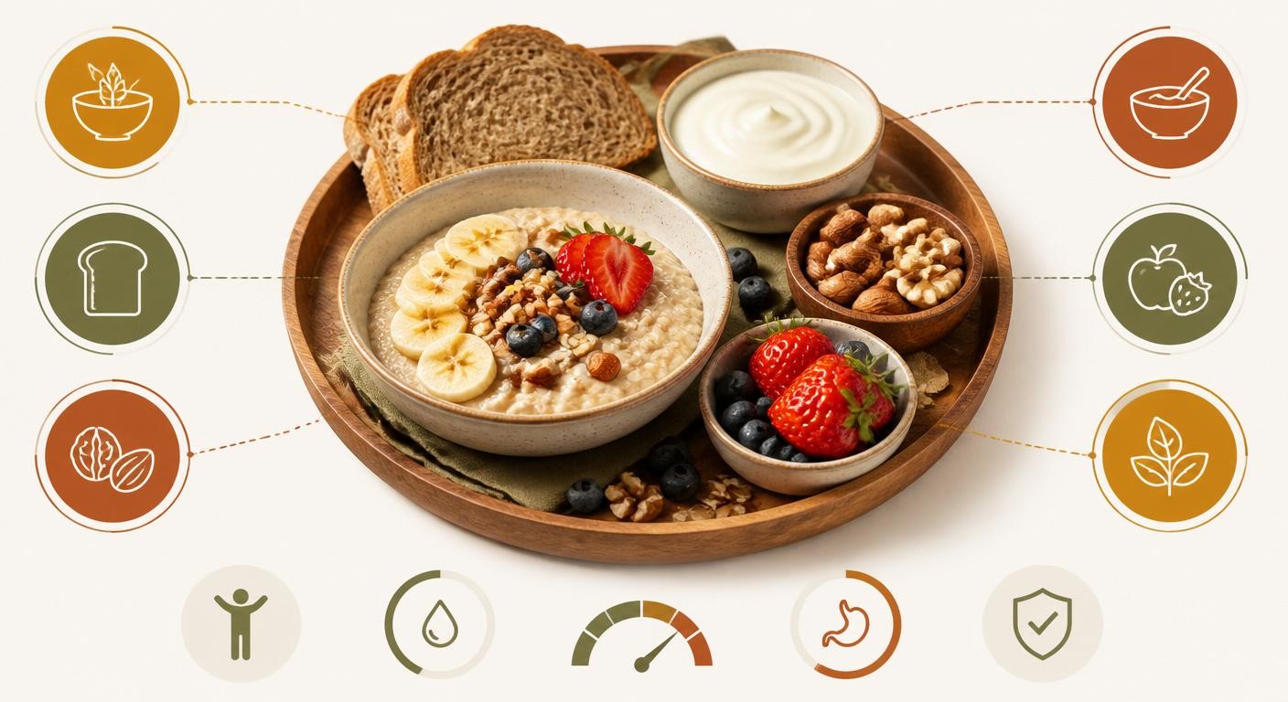 Infographie d'un petit-déjeuner équilibré riche en glucides lents