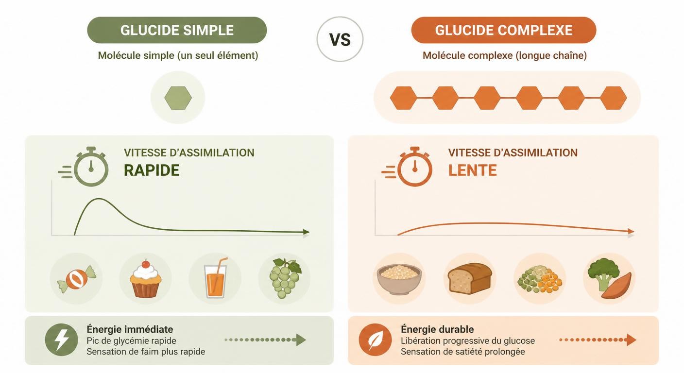 Schéma comparant glucides simples et glucides complexes selon leur structure et leur vitesse d'assimilation