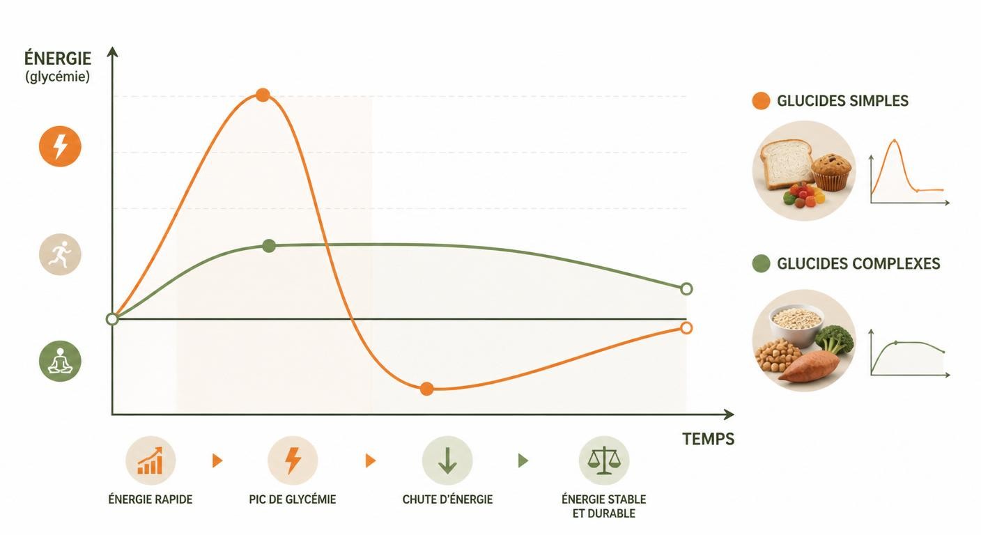 Courbes de glycémie comparant le pic des glucides simples au plateau stable des glucides complexes