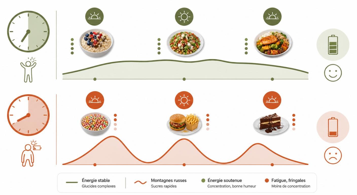 Comparaison d'une journée à énergie stable avec glucides complexes versus coup de barre avec sucres rapides