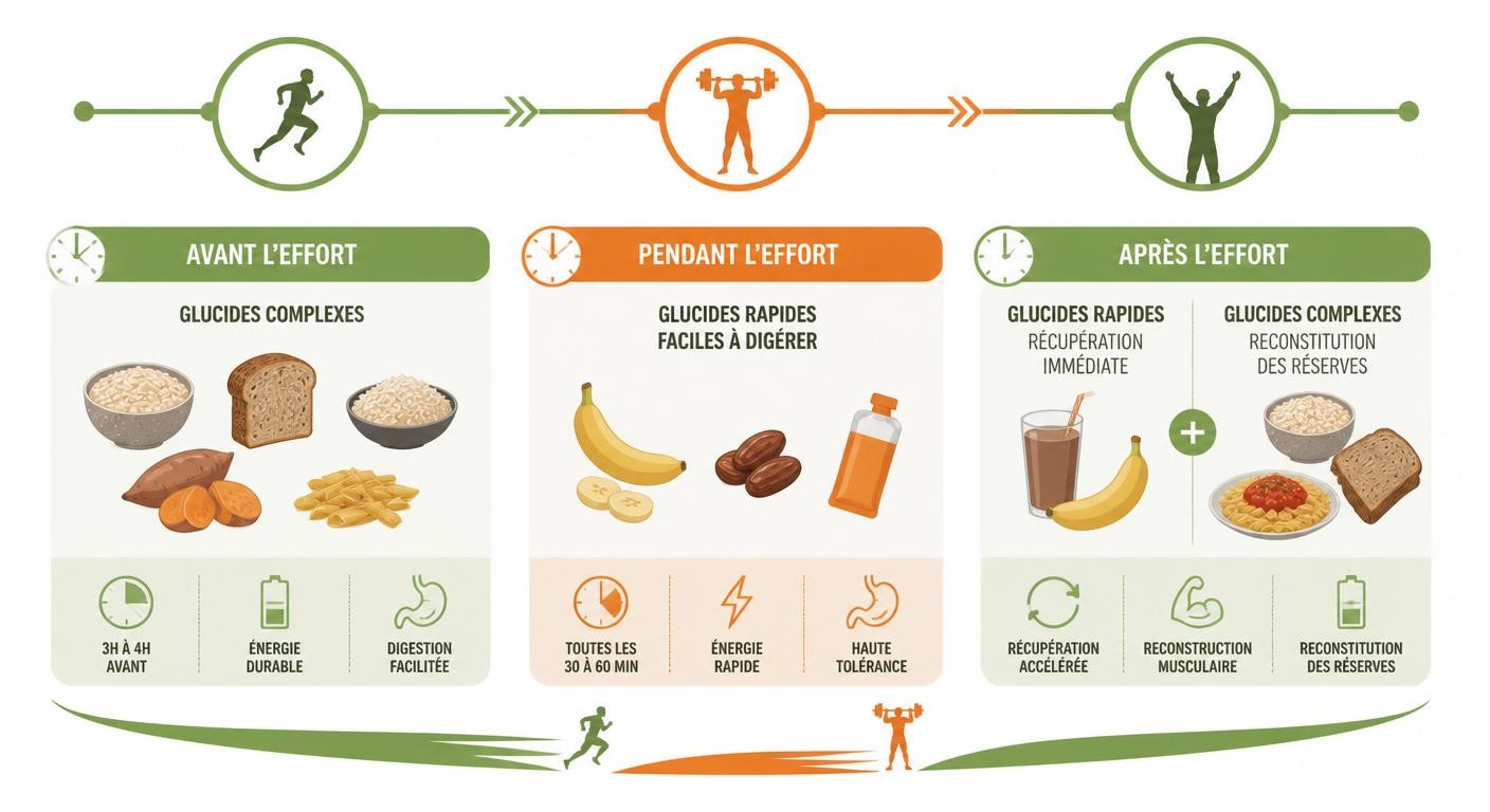 Timing des glucides simples et complexes avant, pendant et après l'effort sportif