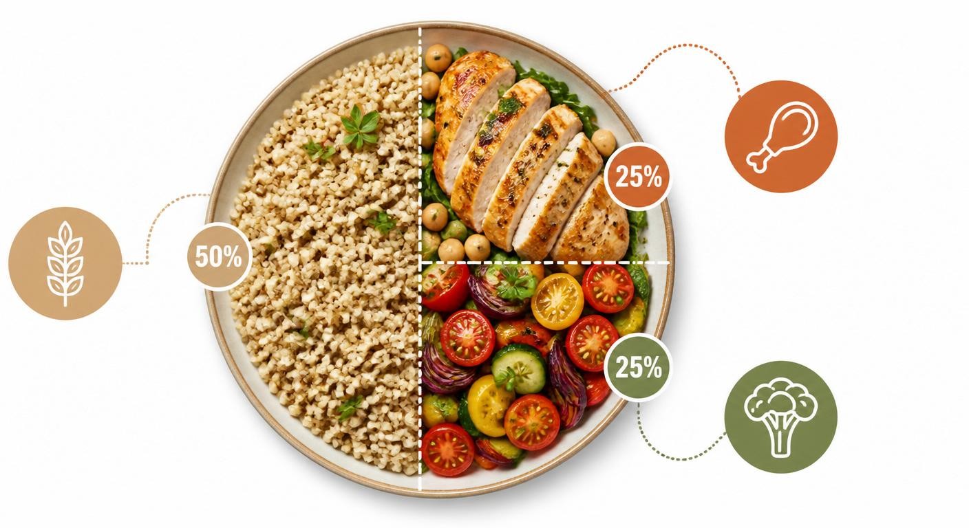 Modèle d'assiette équilibrée associant glucides complexes, légumes et protéines