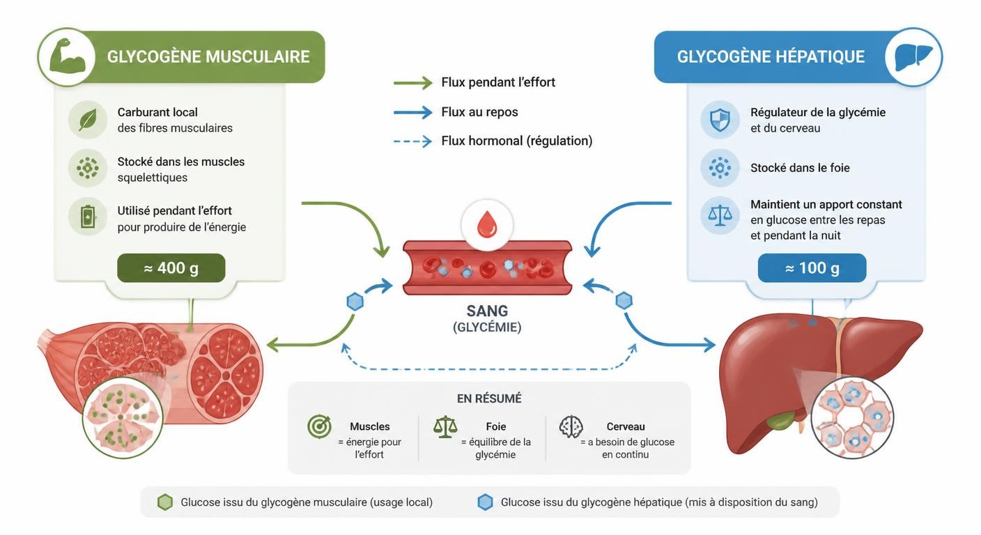 Comparaison du glycogène musculaire et hépatique et de leurs rôles distincts