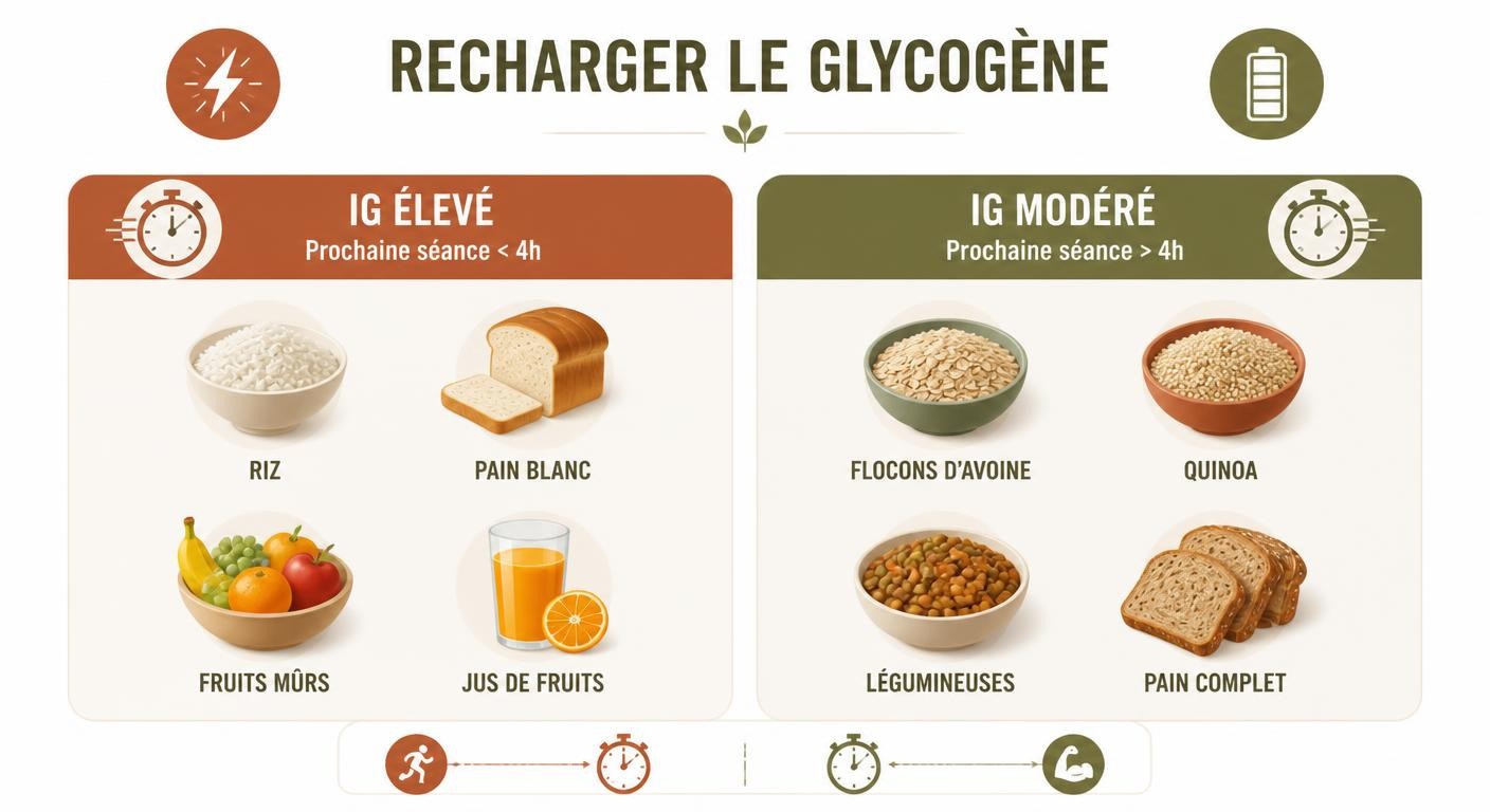 Infographie des aliments pour recharger le glycogène selon leur index glycémique