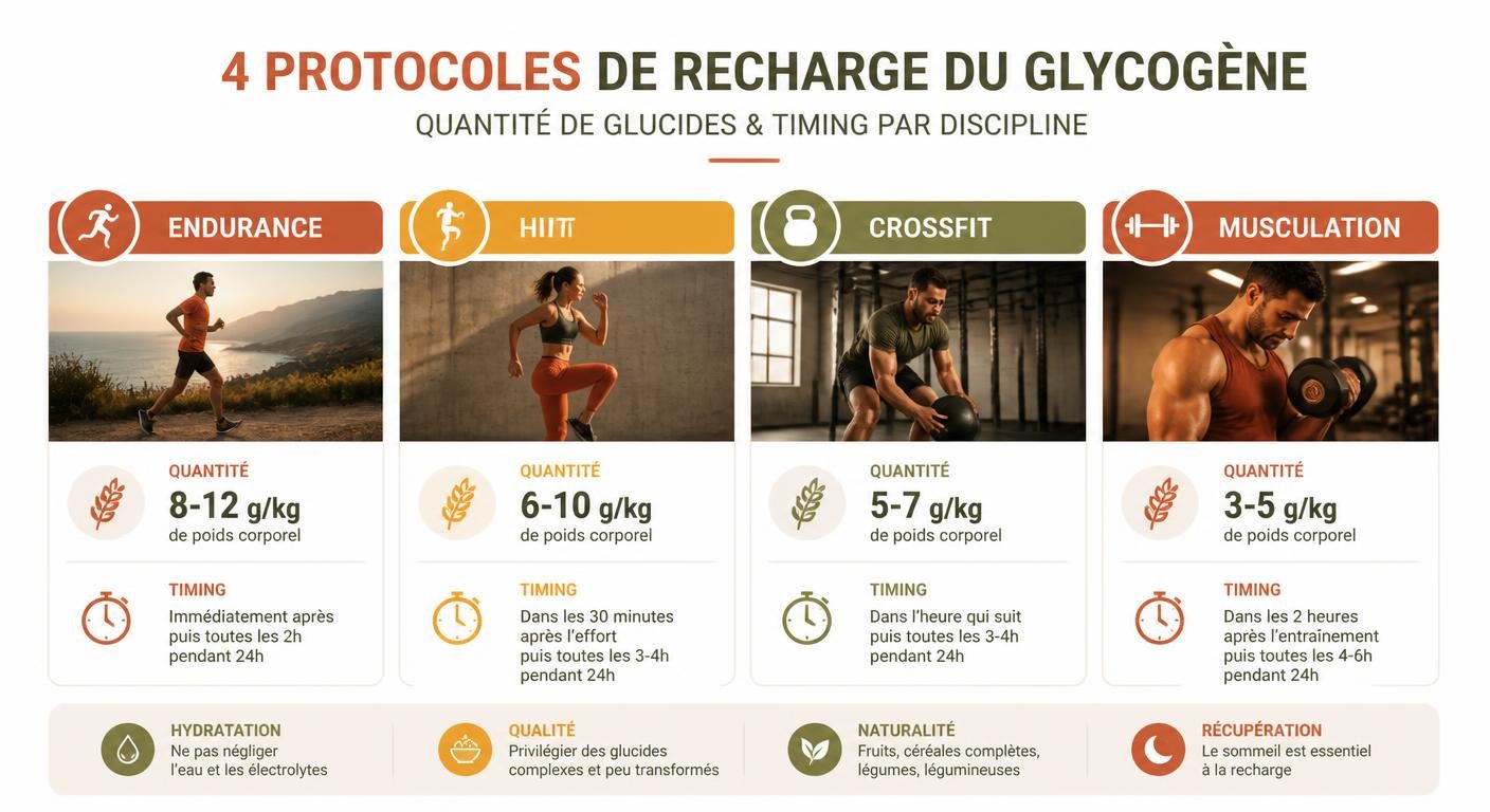 Infographie des protocoles de recharge du glycogène par discipline sportive