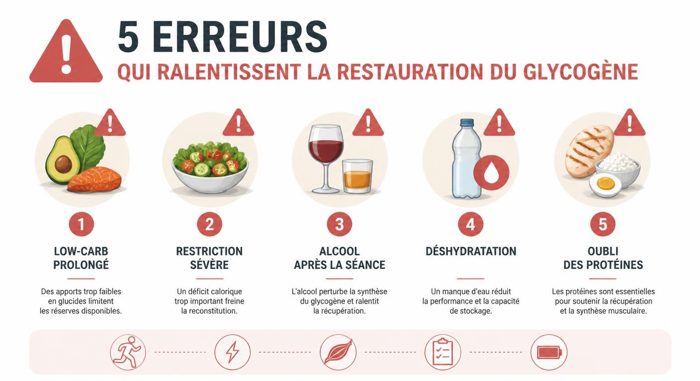 Infographie des cinq erreurs qui freinent la restauration du glycogène