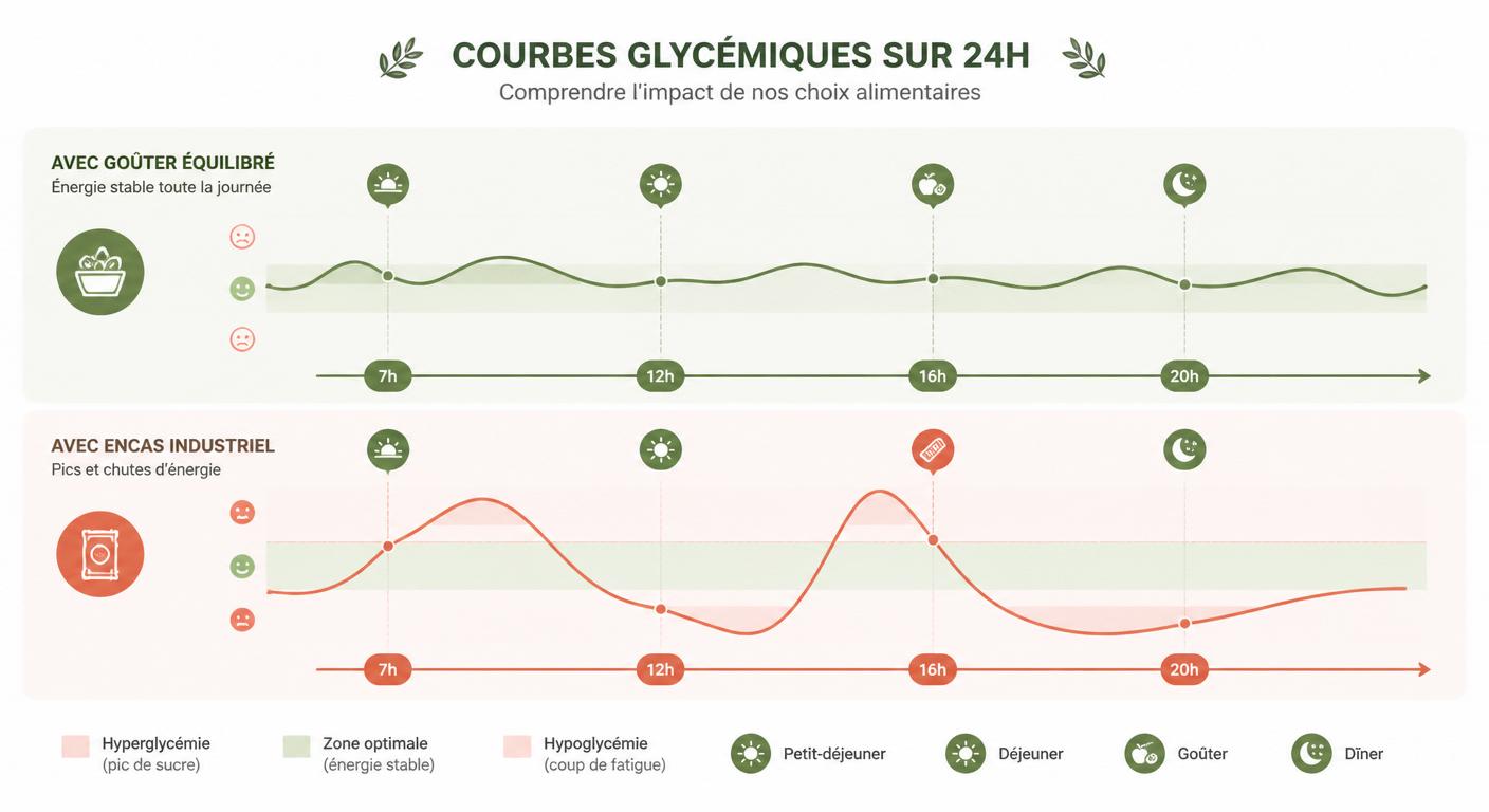 Infographie comparant la courbe glycémique d'une journée avec et sans goûter sain maison adulte