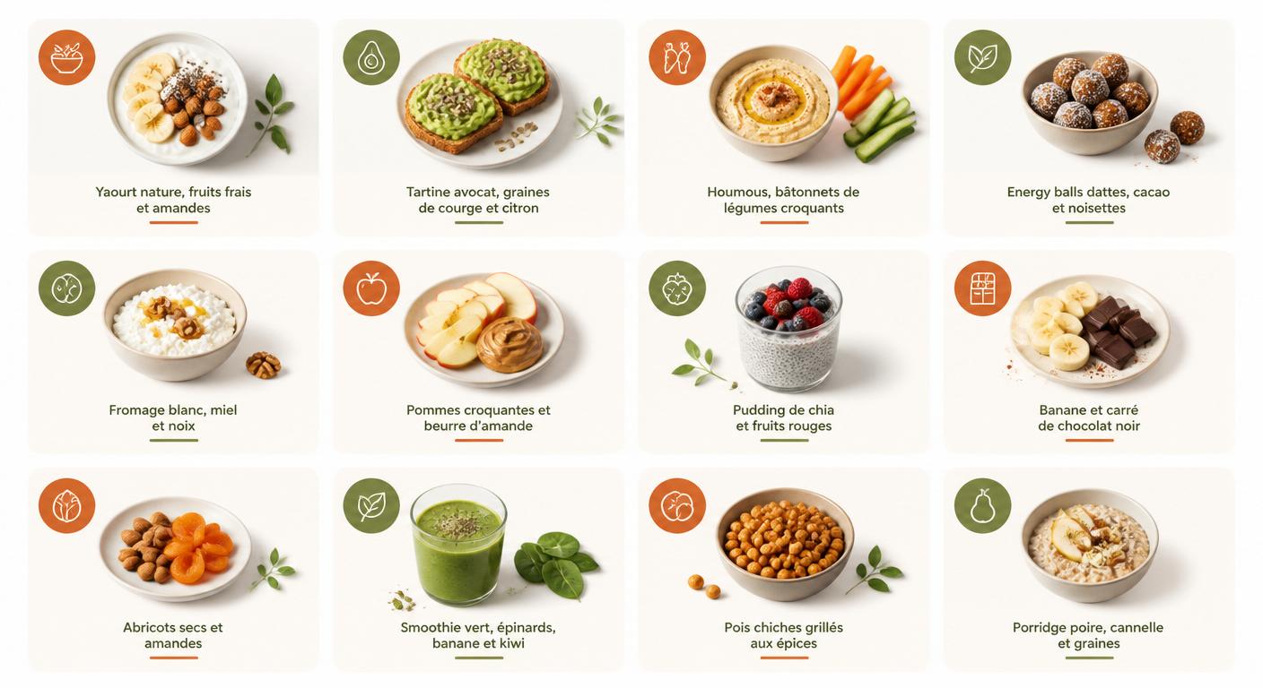 Infographie présentant 12 idées de goûter sain maison adulte rapides à préparer