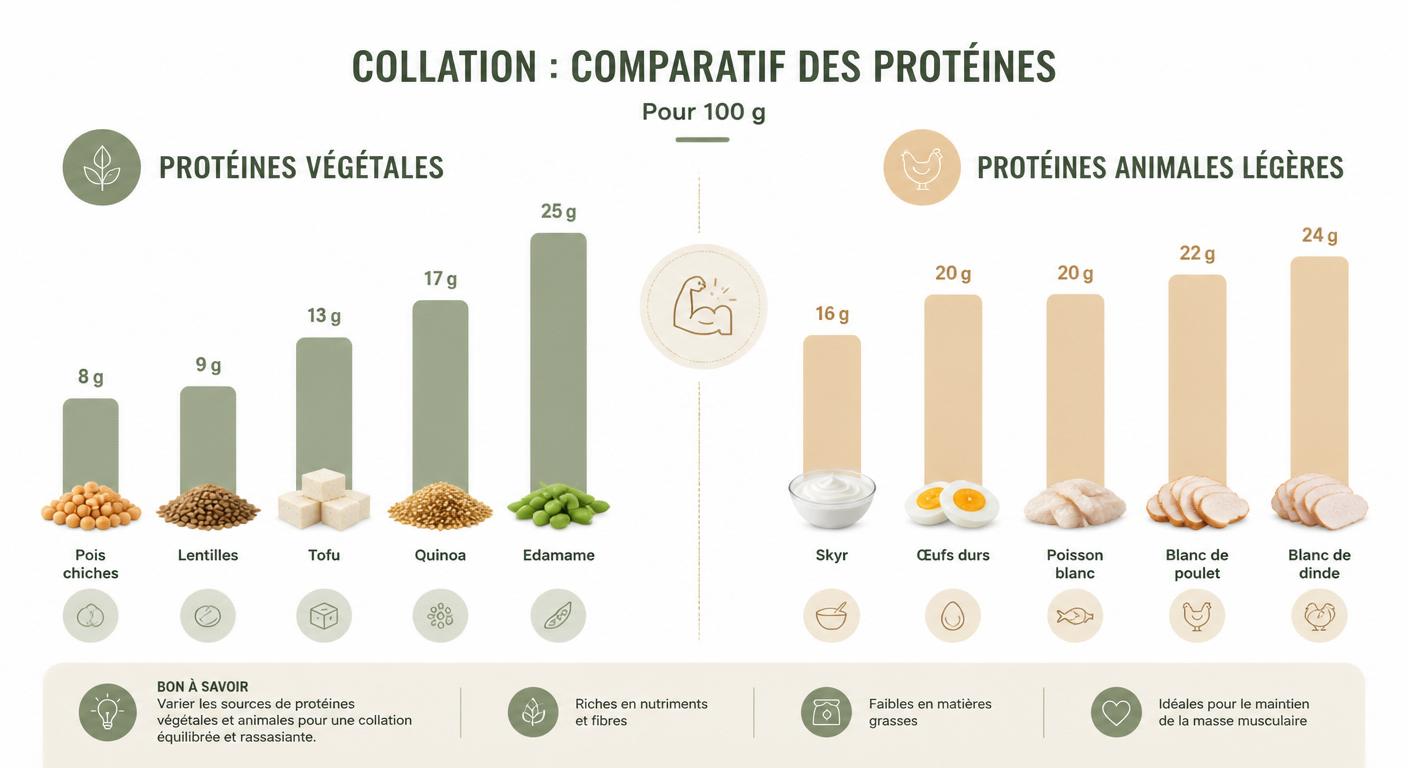Infographie comparant les sources de protéines végétales et animales pour un goûter sain maison adulte