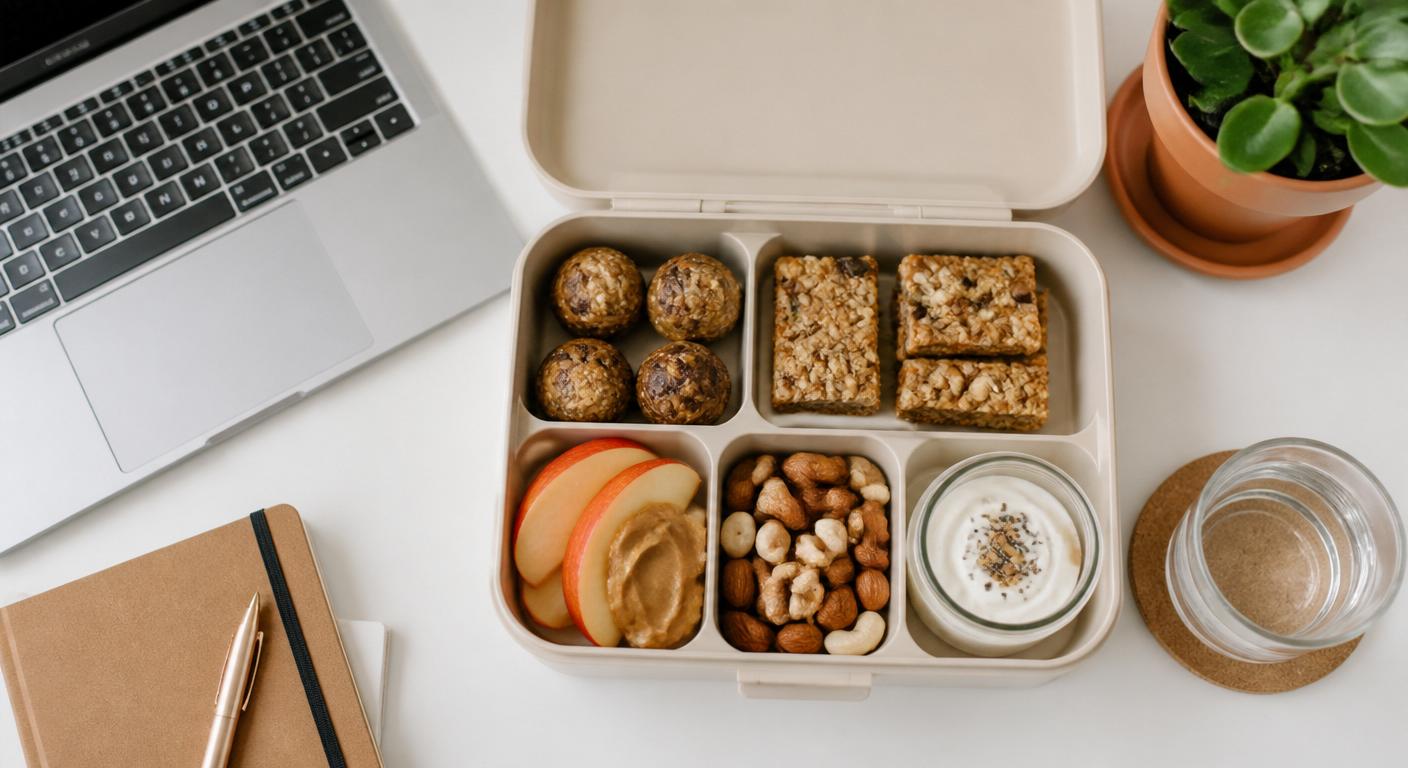 Infographie présentant 5 idées de snack sain bureau adulte transportables