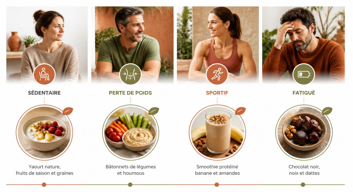 Infographie présentant 4 profils adultes et leur goûter healthy adulte maison recommandé