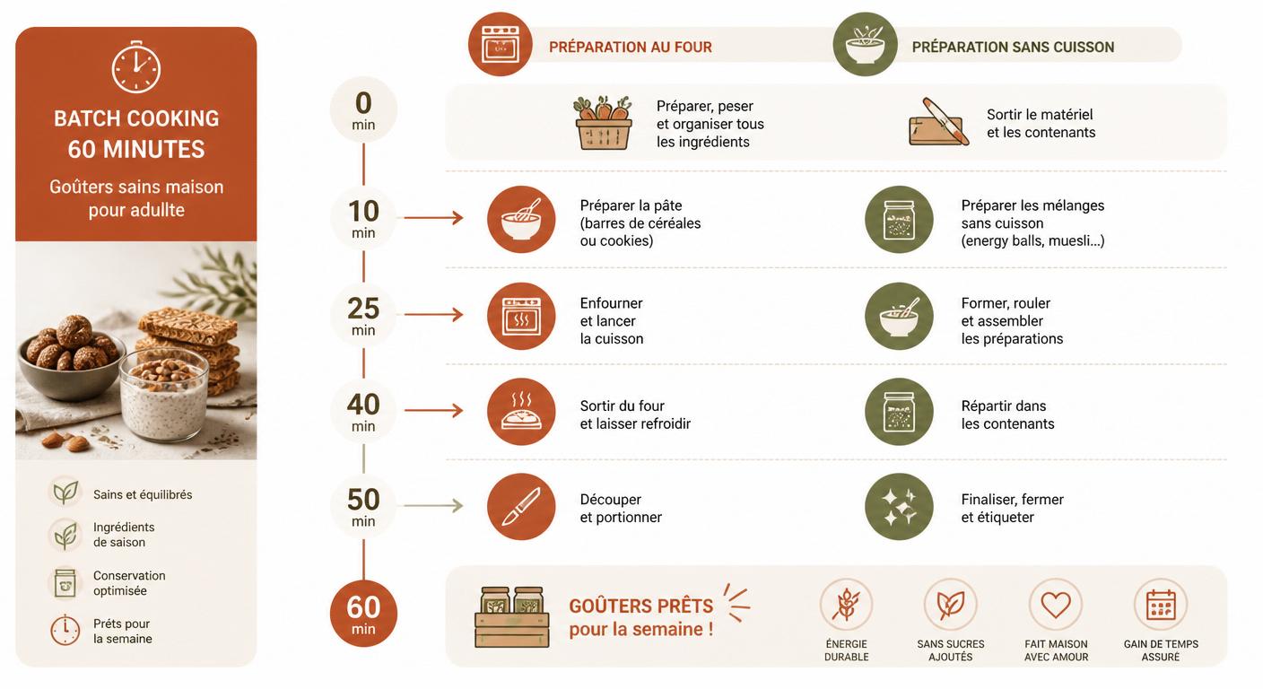 Infographie planning batch cooking d'une heure pour préparer 10 goûters maison adulte