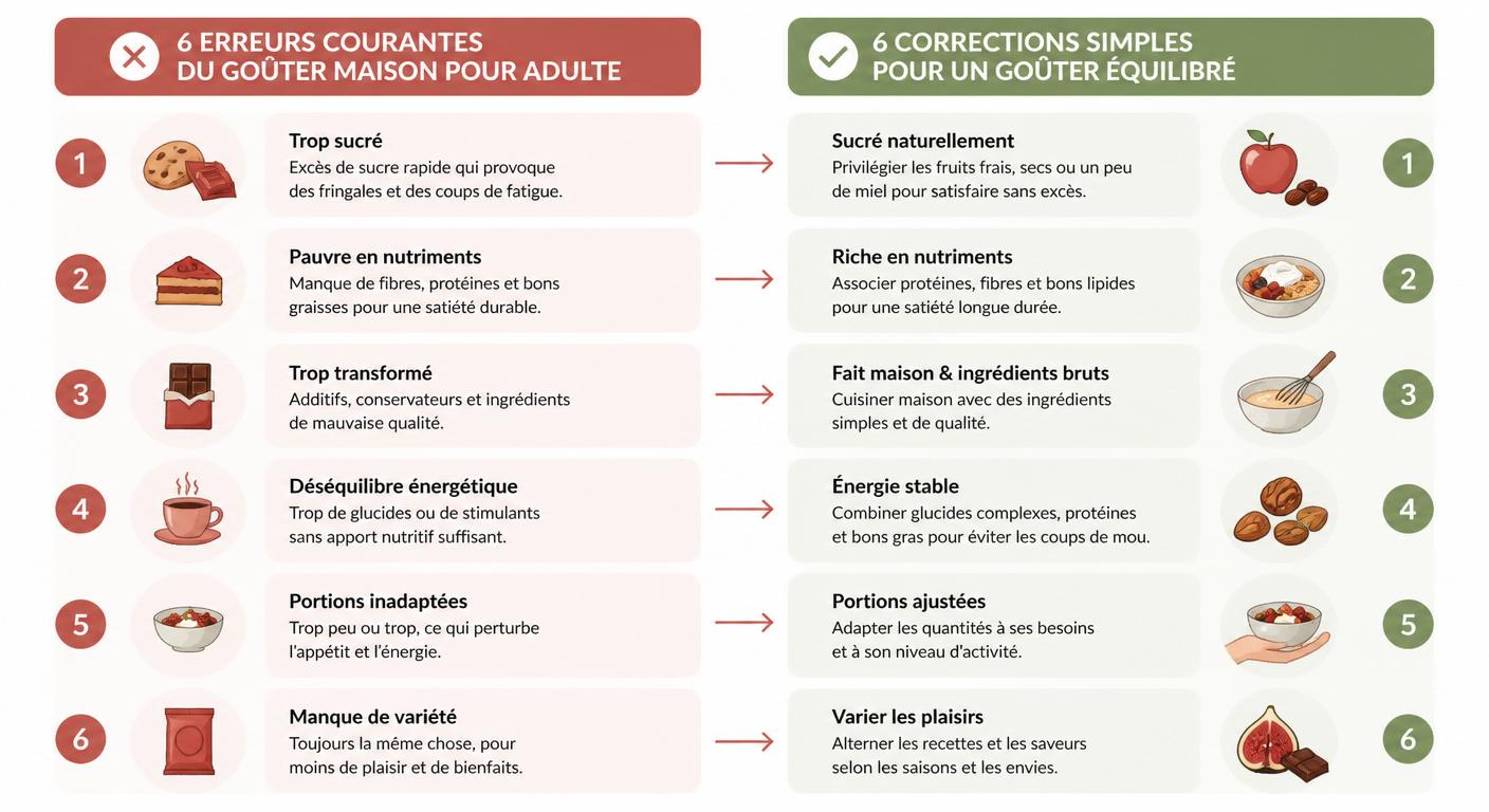 Infographie présentant 6 erreurs et solutions pour un goûter diététique maison adulte